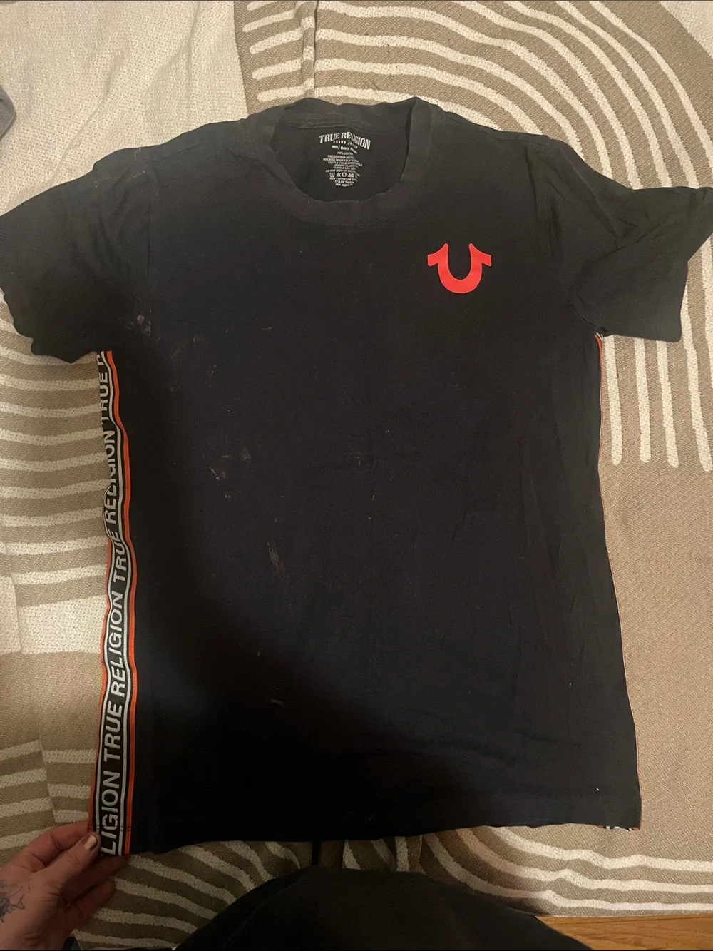 True Religion Black Tee with Red Horseshoe and Side Stripe